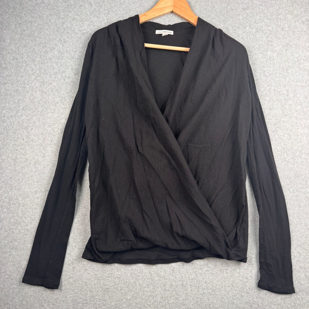 James Perse Top Size 2 Womens Medium Black Faux Wrap V Neck Quiet Luxury Capsule